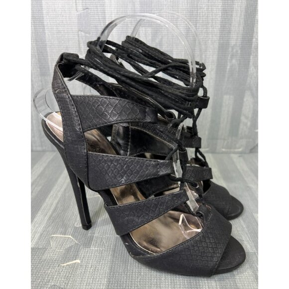 Qupid Gladiator Stiletto Heels Black Women's Size 7 Open Toe Tie Faux Leather - Picture 3 of 11